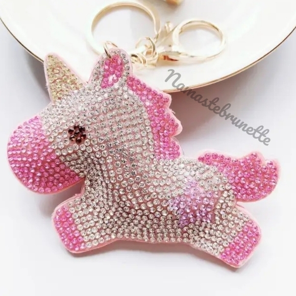 Unicorn Crystal Rhinestone Keychain Bag Charm With Blue Tassel - Picture 9 of 16